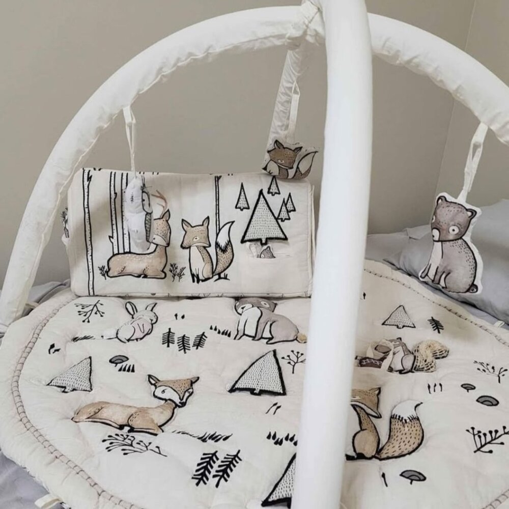 Crate & Barrel Woodland Animals Baby Activity Gym Play Mat + Tummy Time Toy